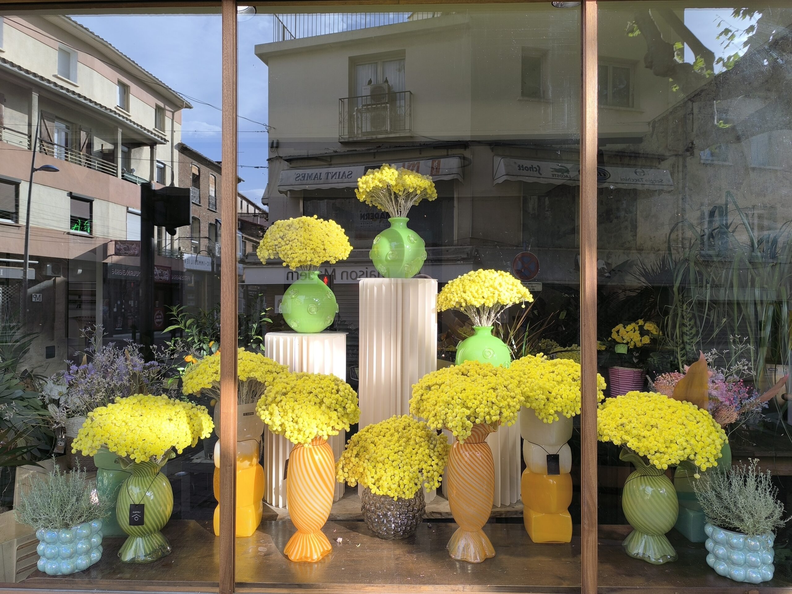Vitrine Art Floral à Argelès sur mer de bouquets d'immortelles, fleurs séchées cultivées localement dans les Pyrénées Orientales